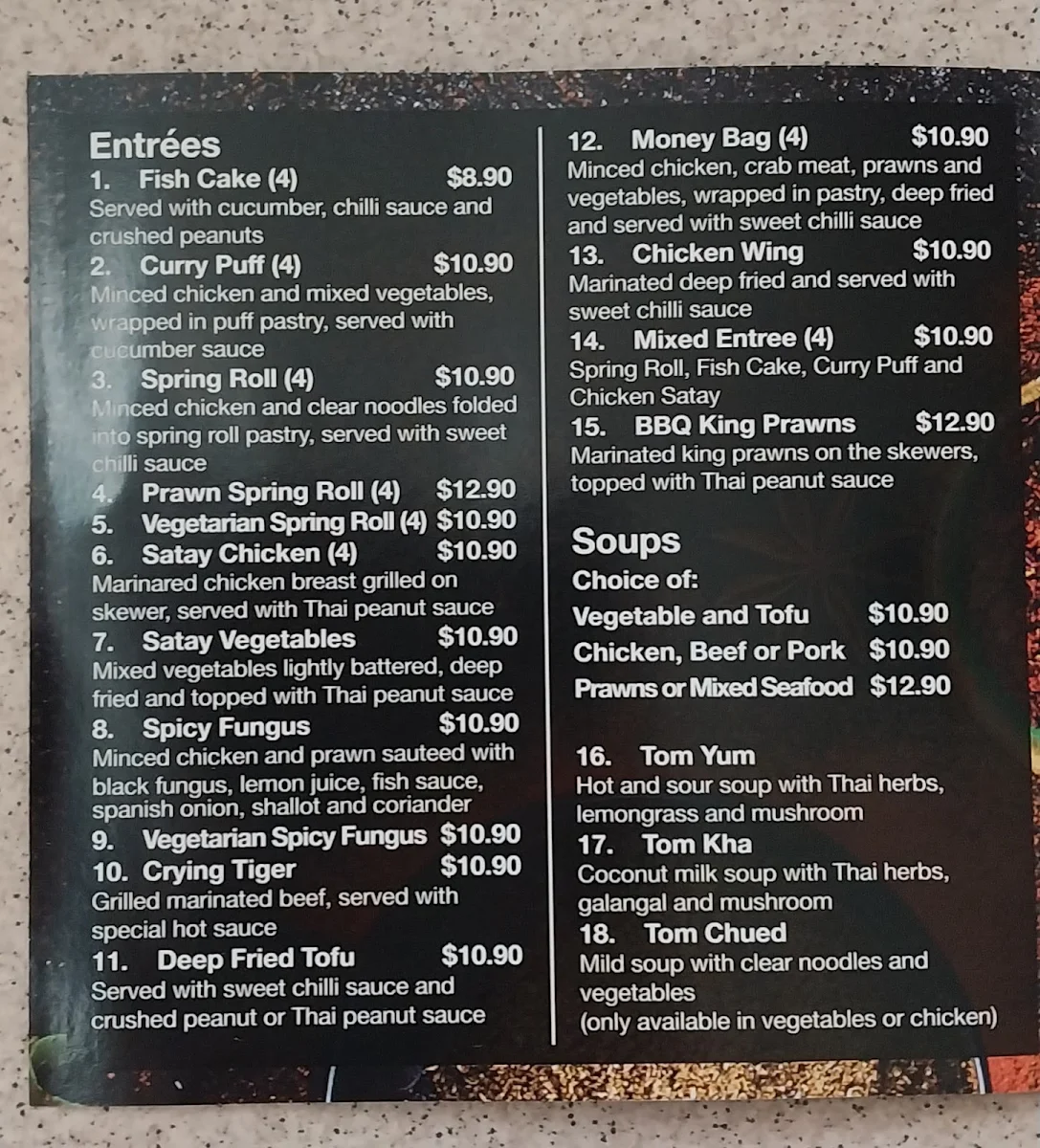 Menu, Yes I Am Thai Restaurant