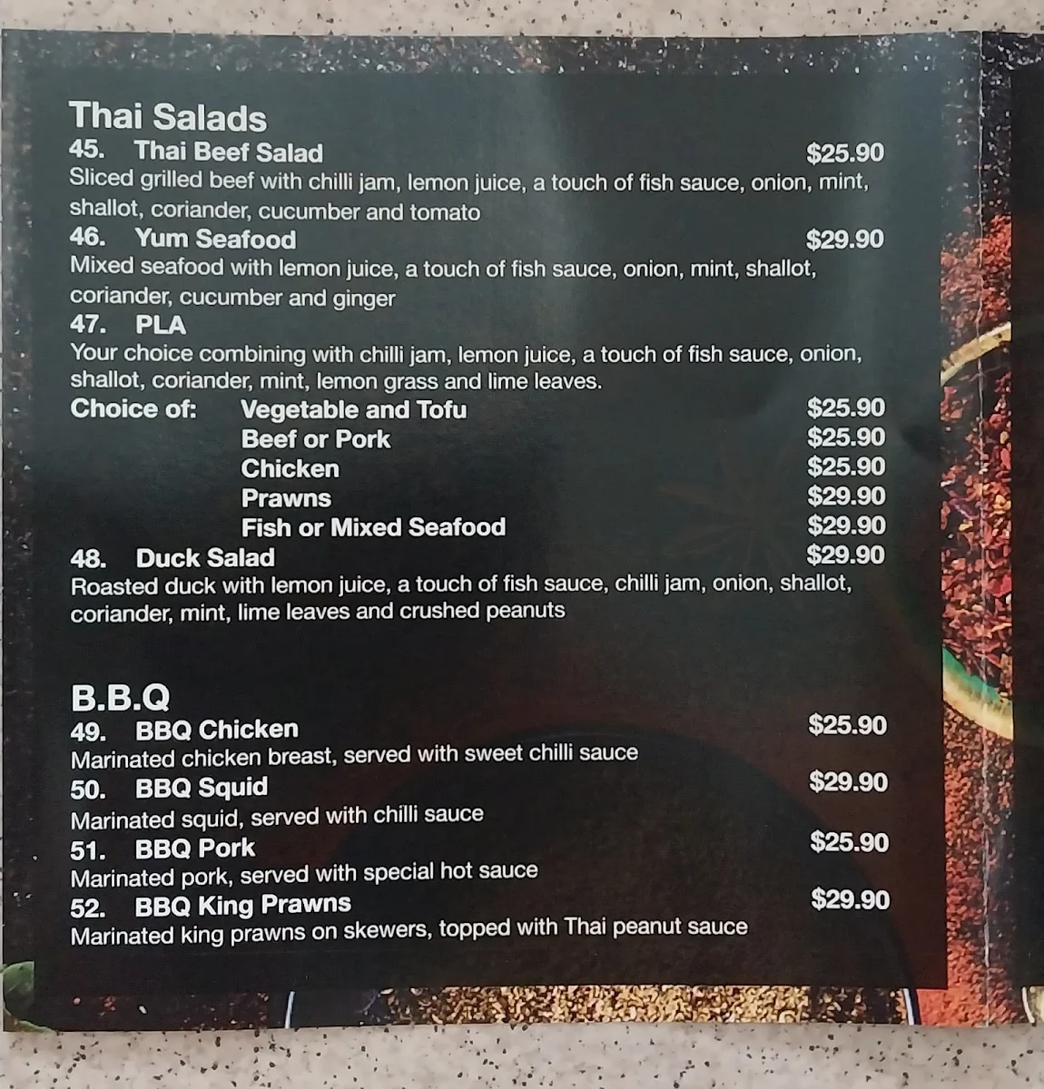Menu, Yes I Am Thai Restaurant