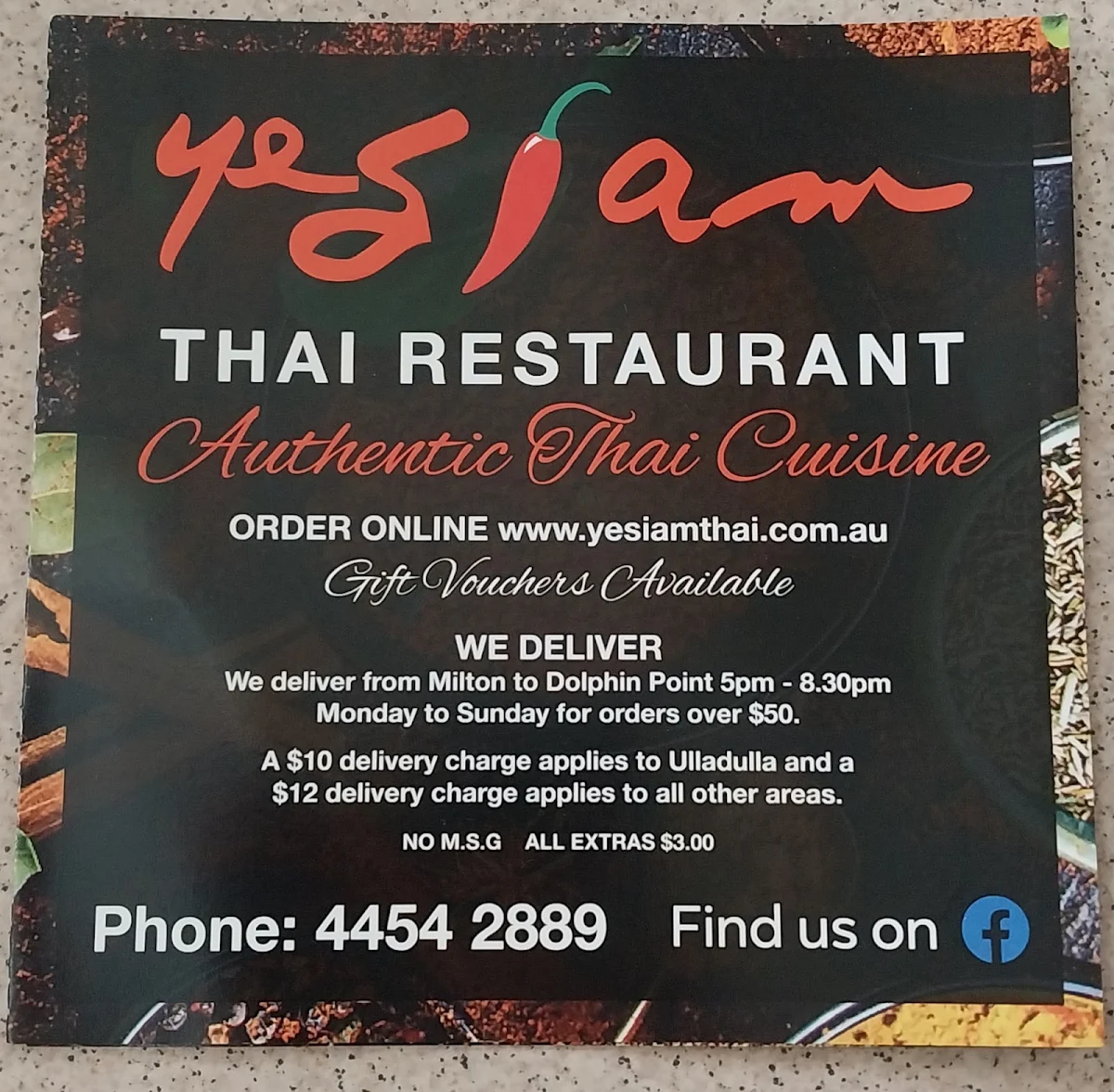 Menu, Yes I Am Thai Restaurant