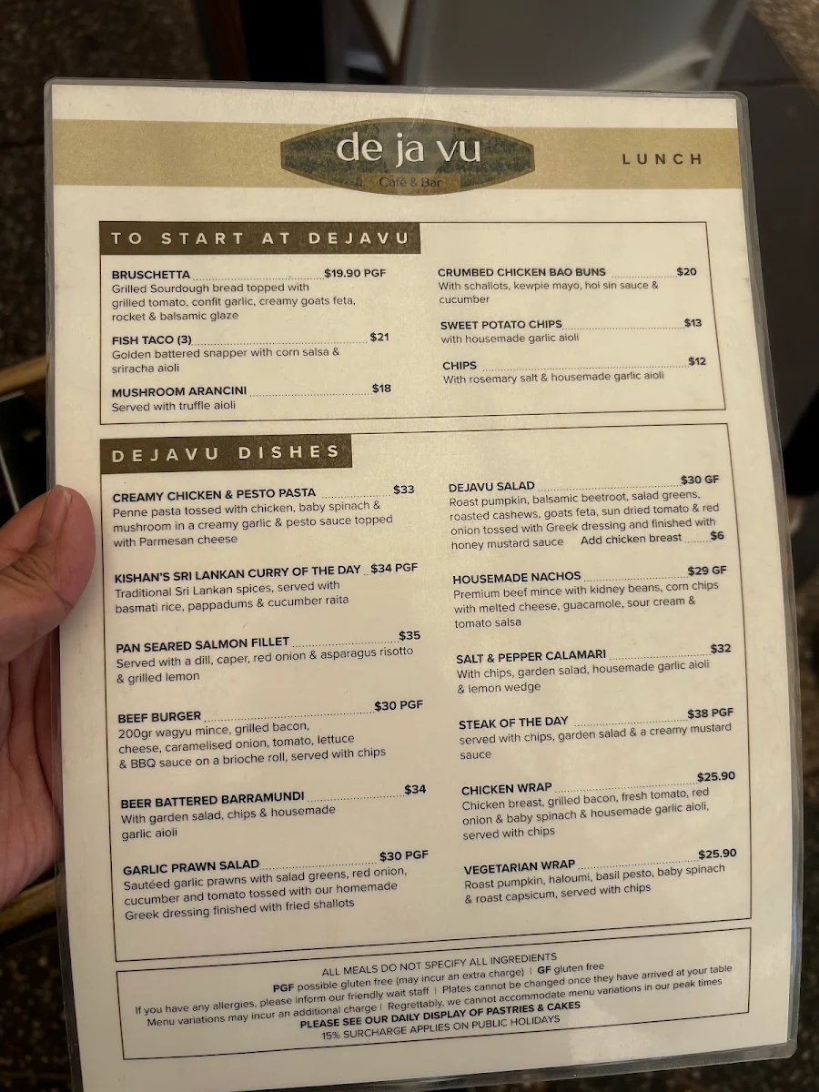 Menu, De Ja Vu Cafe & Bar Mooloolaba