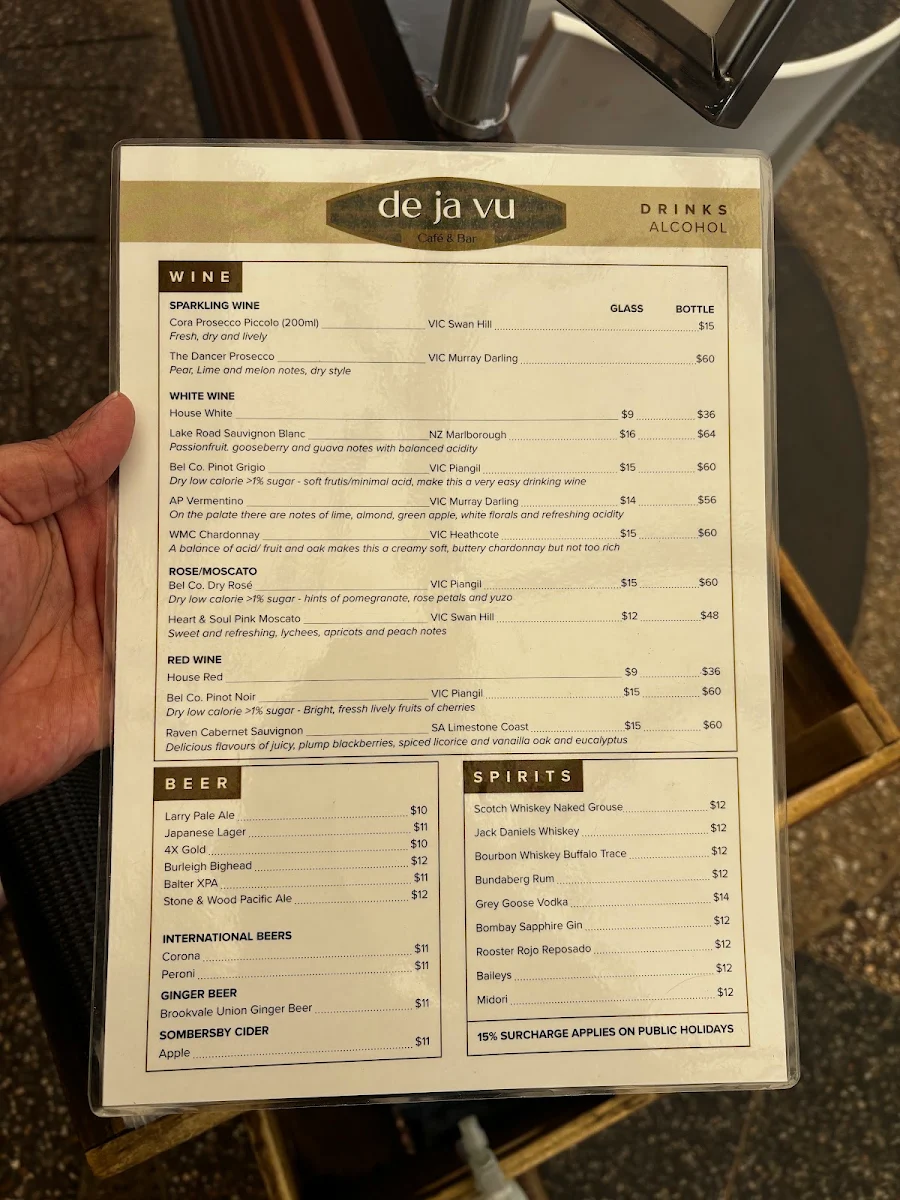 Menu, De Ja Vu Cafe & Bar Mooloolaba