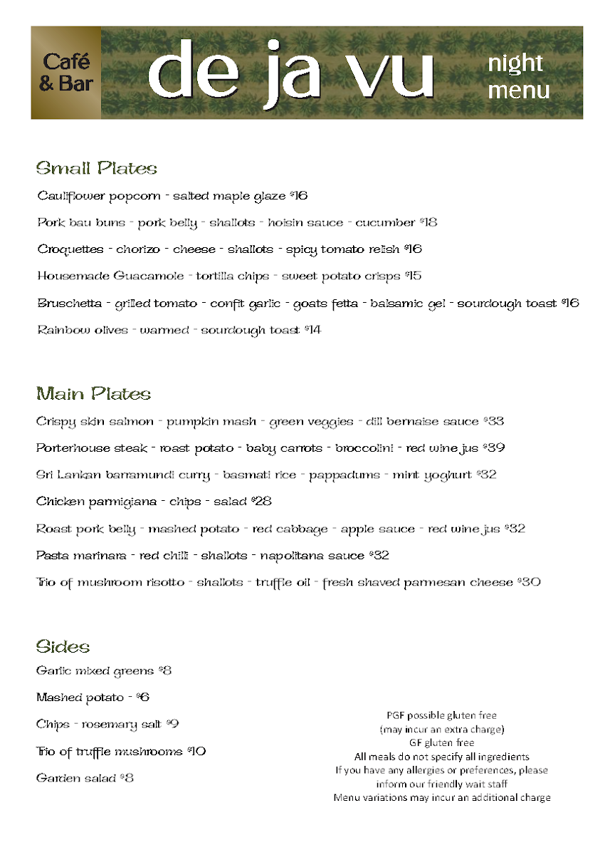 Menu, De Ja Vu Cafe & Bar Mooloolaba