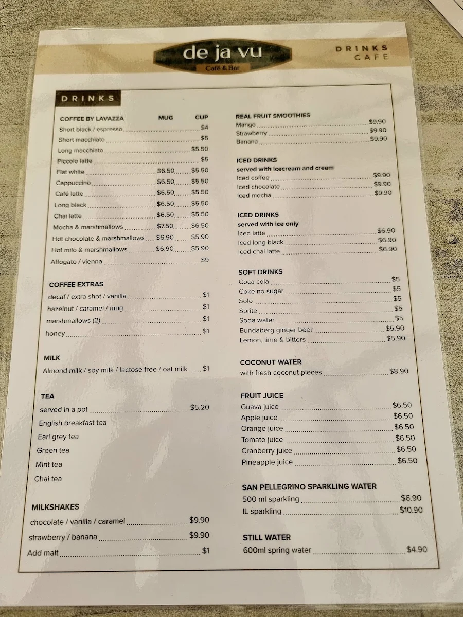 Menu, De Ja Vu Cafe & Bar Mooloolaba