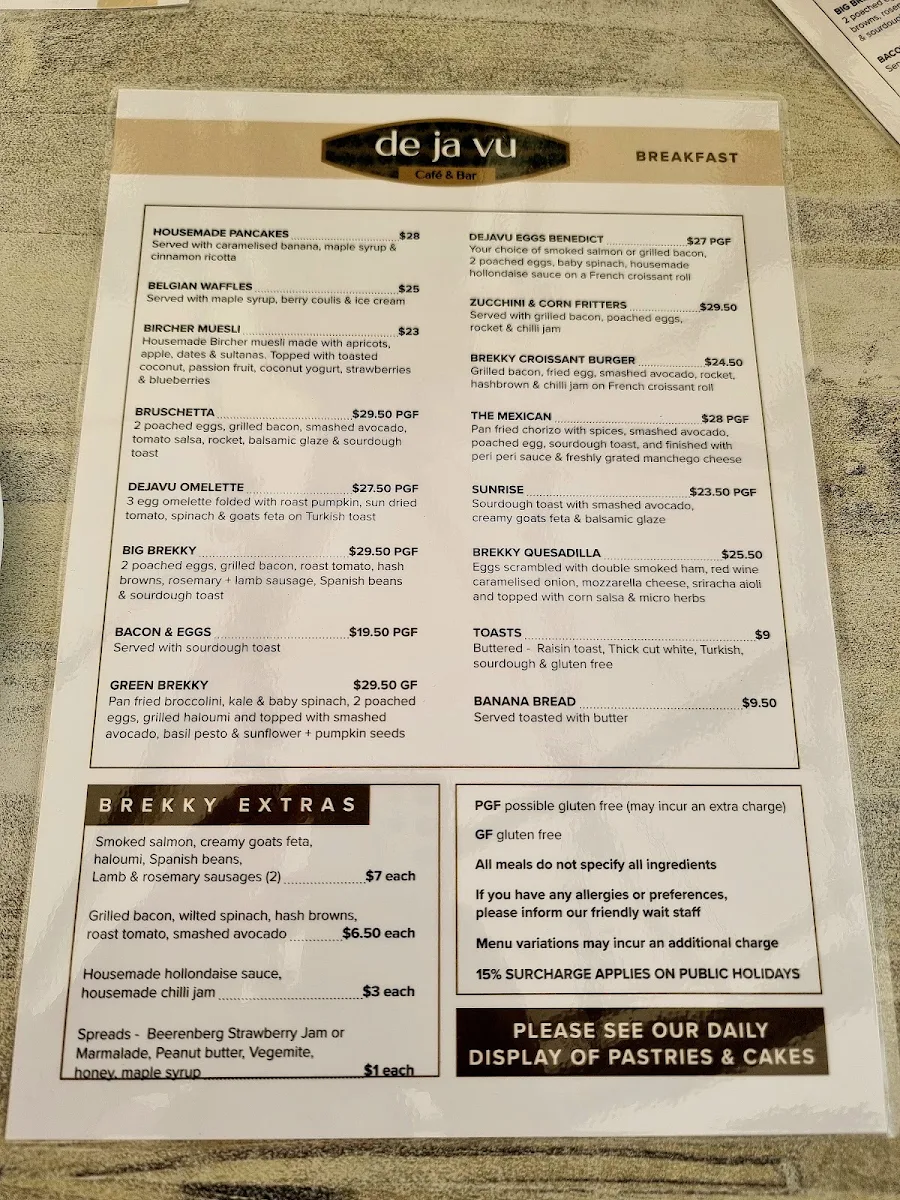 Menu, De Ja Vu Cafe & Bar Mooloolaba