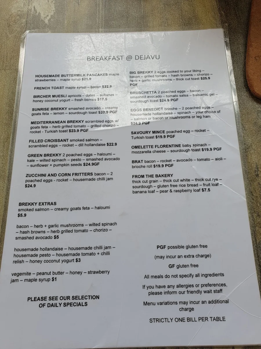 Menu, De Ja Vu Cafe & Bar Mooloolaba