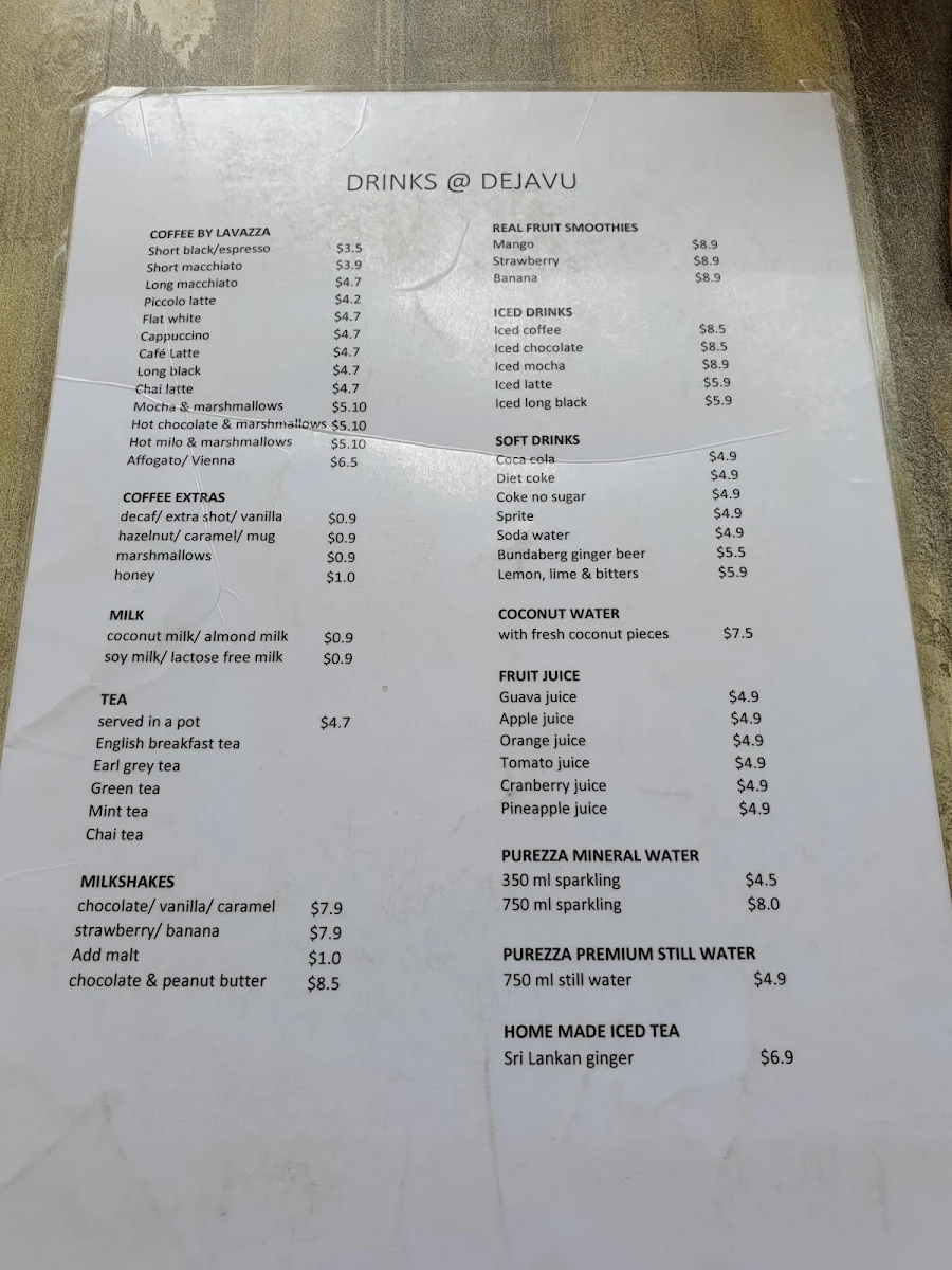 Menu, De Ja Vu Cafe & Bar Mooloolaba