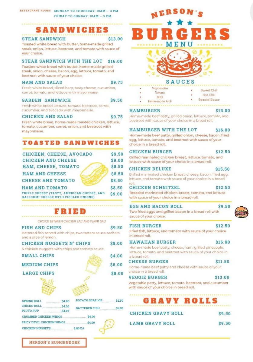 Menu, Nerson's PiePlace & Takeaway