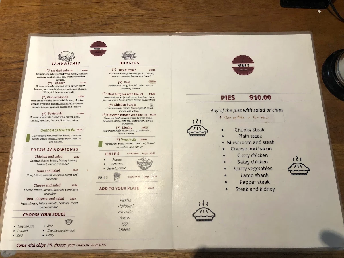Menu, Nerson's PiePlace & Takeaway