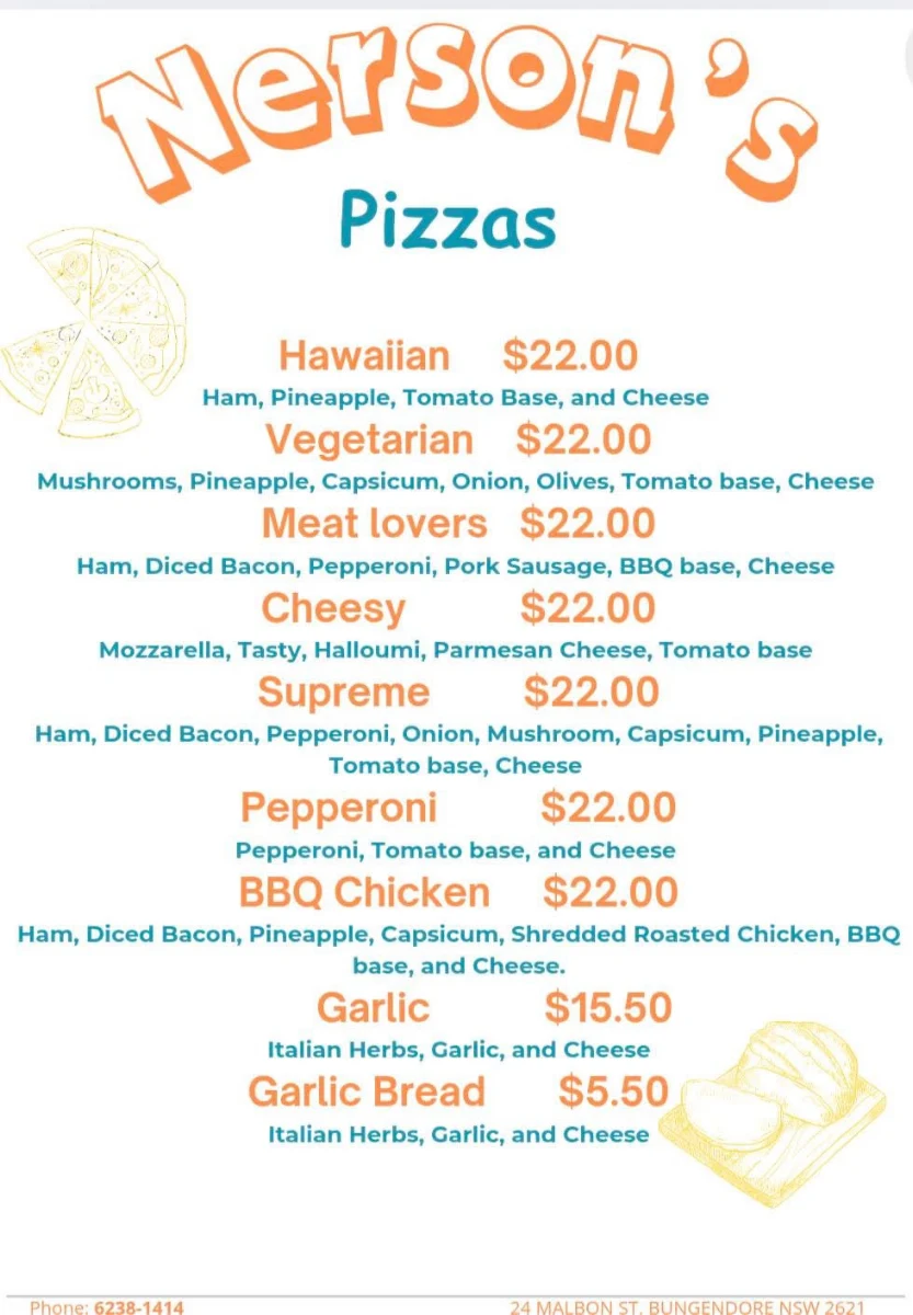 Menu, Nerson's PiePlace & Takeaway