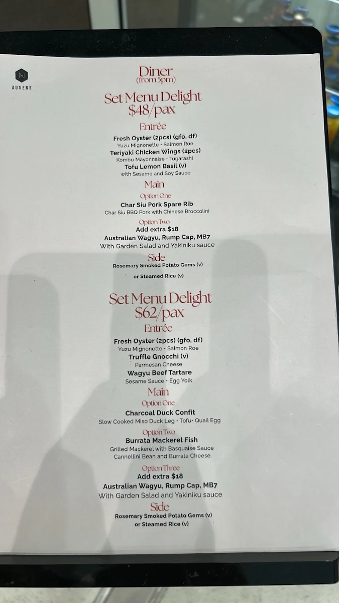 Menu, Auvers Dining Rhodes