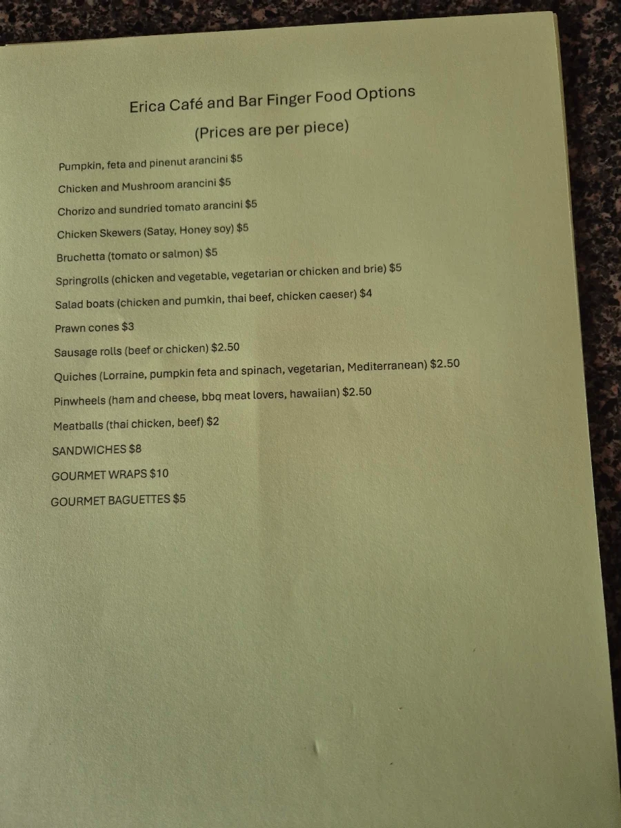 Menu, Erica Cafe & Bar