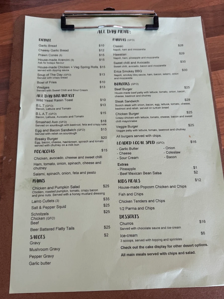 Menu, Erica Cafe & Bar