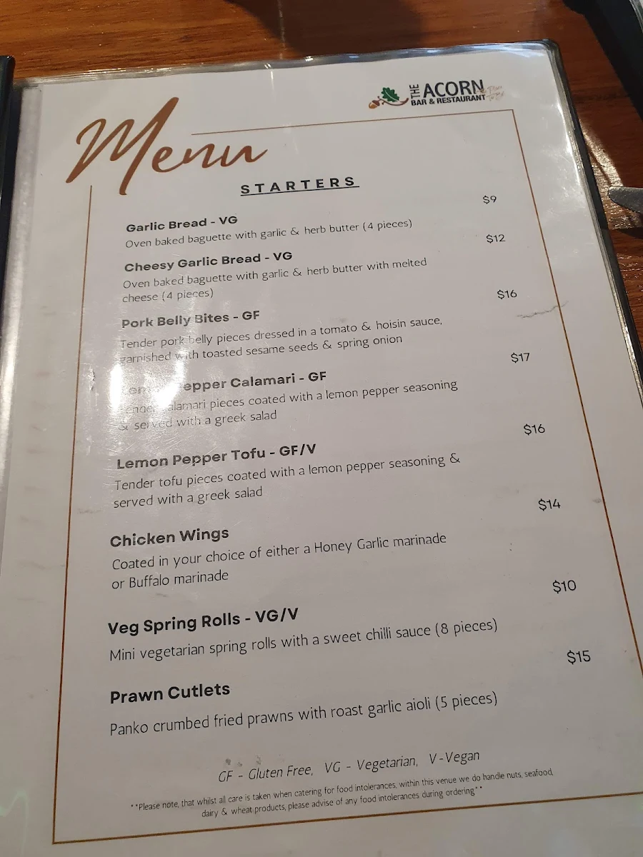 Menu, The Acorn Bar & Restaurant