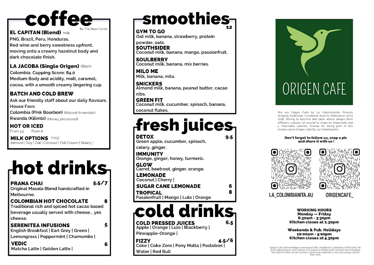 Menu, Origen Cafe