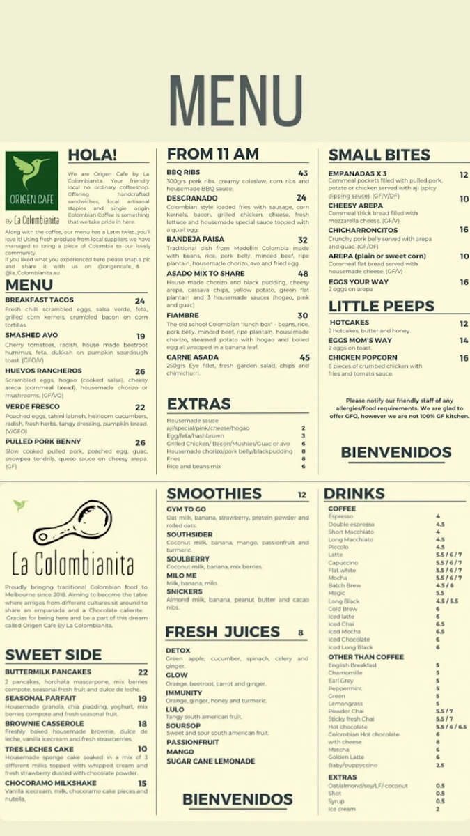 Menu, Origen Cafe