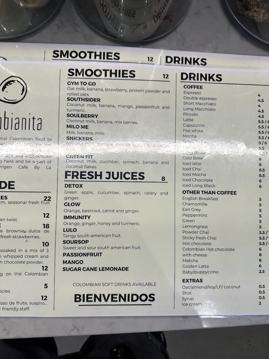 Menu, Origen Cafe
