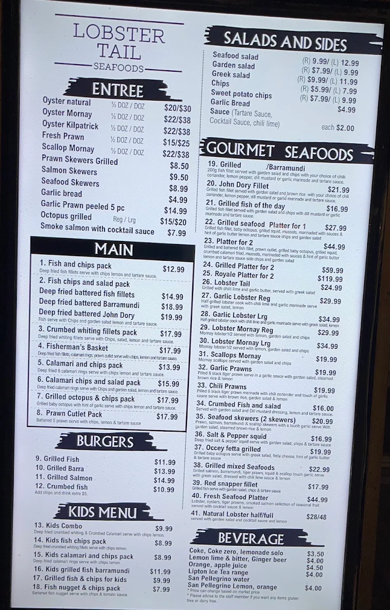 Menu, Lobster Tail Seafood Restaurant