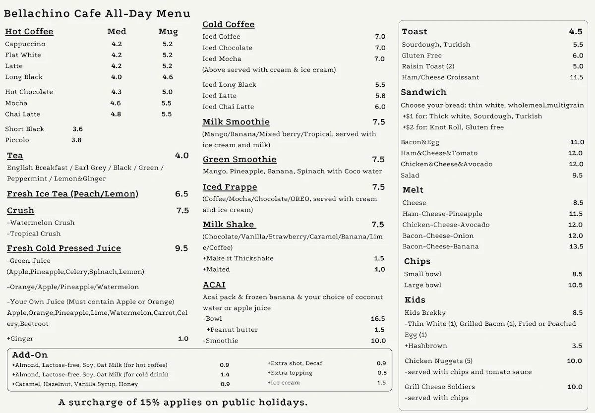 Menu, Bellachino Cafe