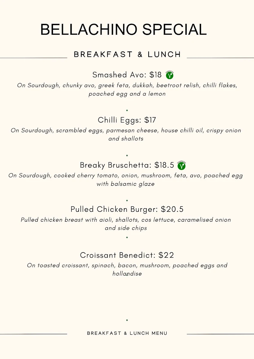 Menu, Bellachino Cafe