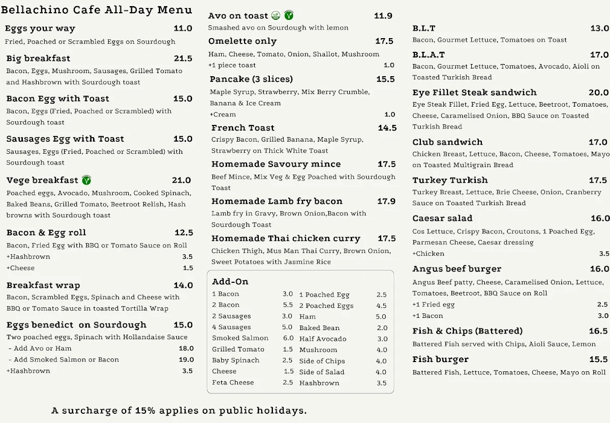 Menu, Bellachino Cafe