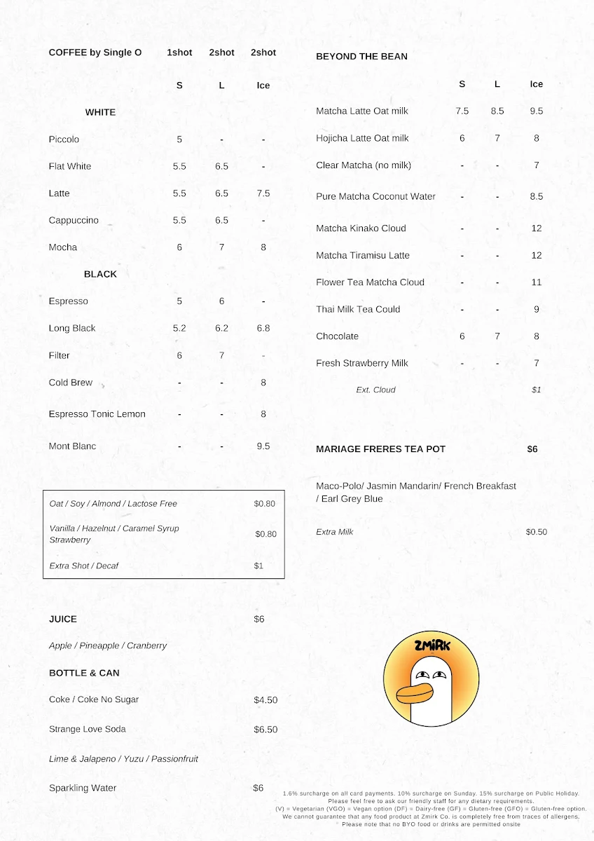 Menu, Zmirk Co.