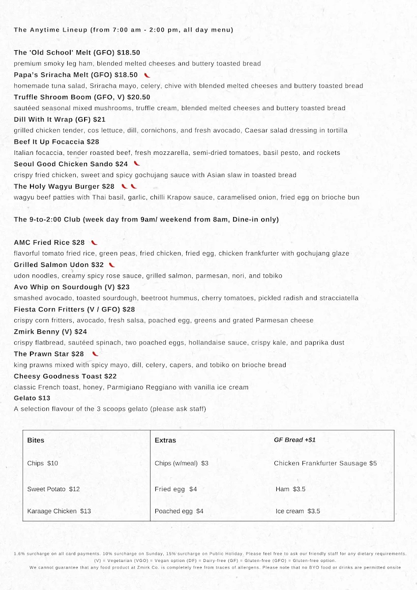 Menu, Zmirk Co.