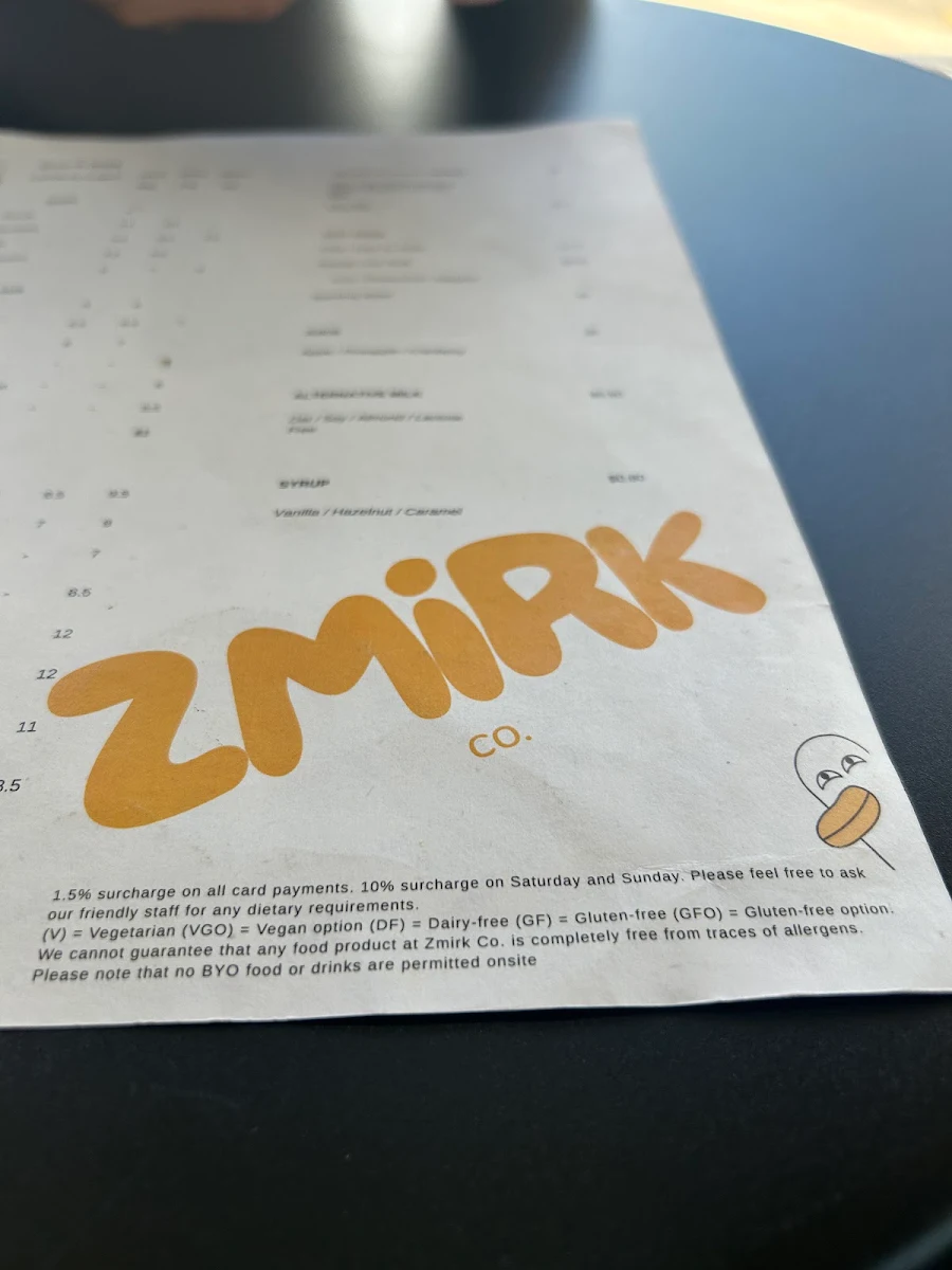 Menu, Zmirk Co.