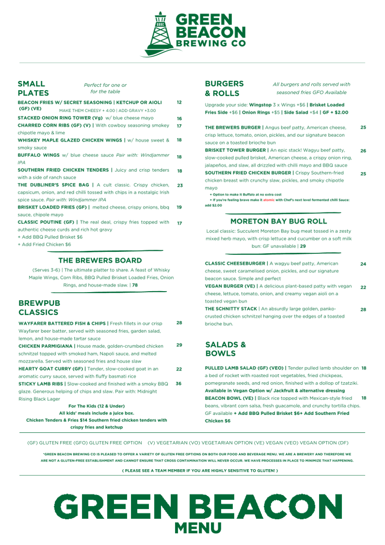 Menu, Green Beacon Brewing Co.