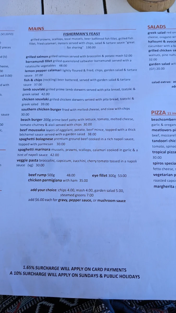 Menu, Beachcomber Cafe and Beach Bar