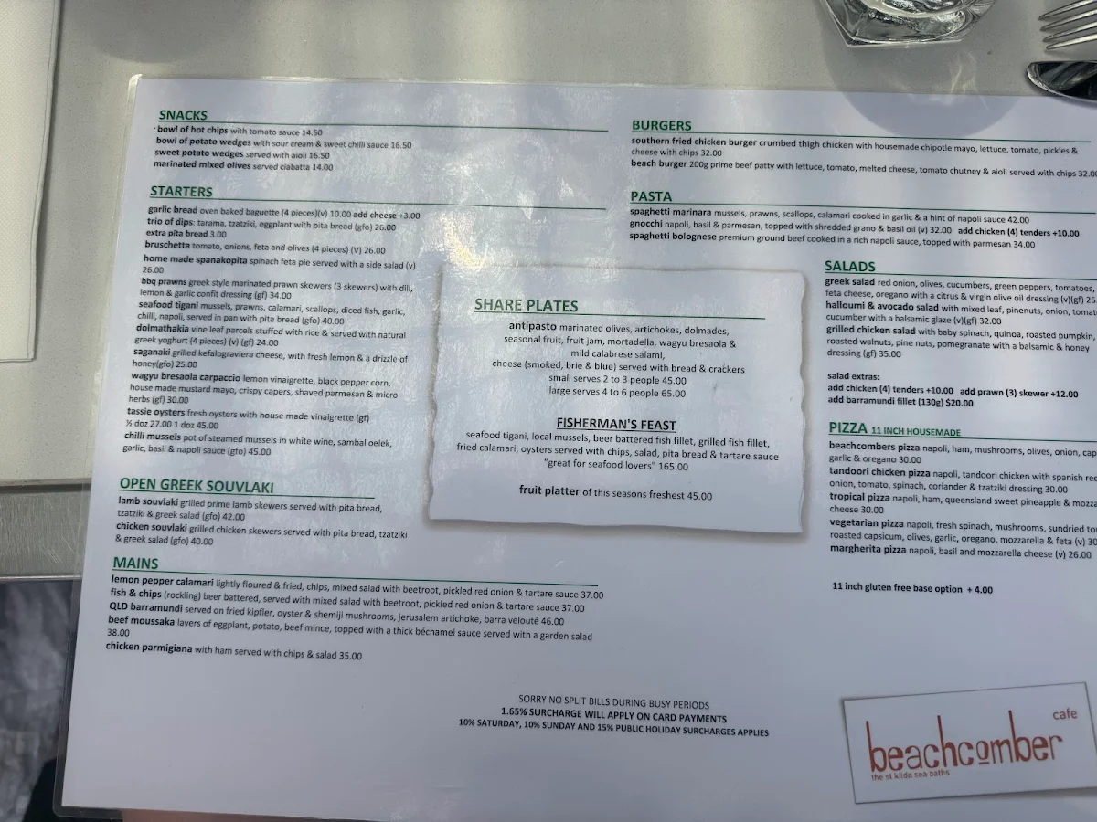 Menu, Beachcomber Cafe and Beach Bar