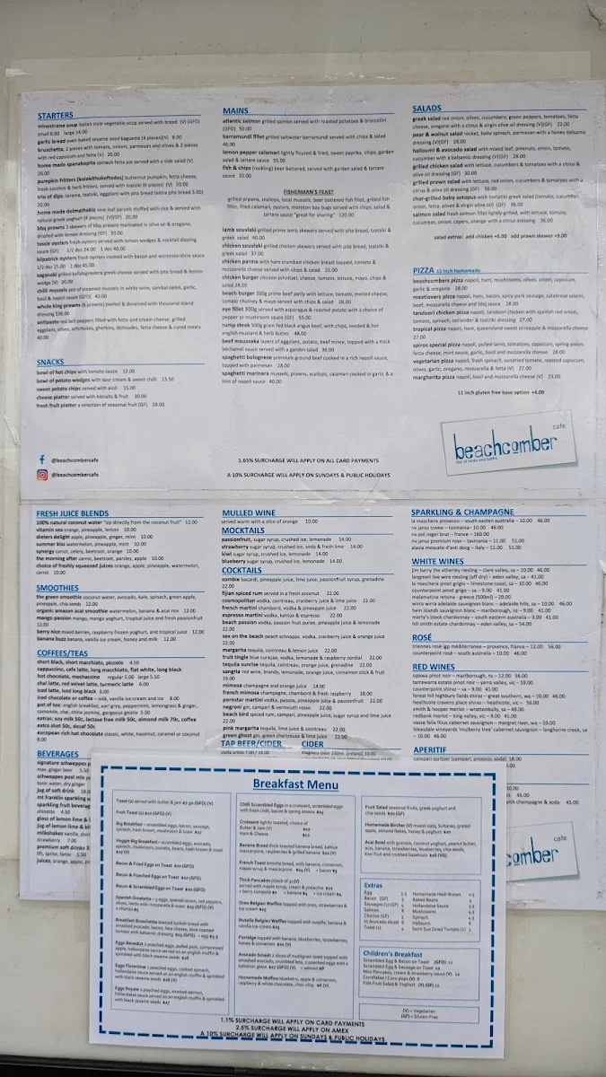 Menu, Beachcomber Cafe and Beach Bar