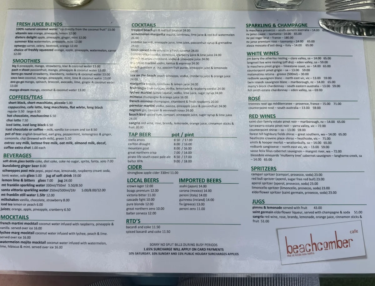 Menu, Beachcomber Cafe and Beach Bar