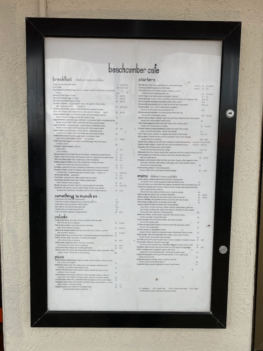 Menu, Beachcomber Cafe and Beach Bar