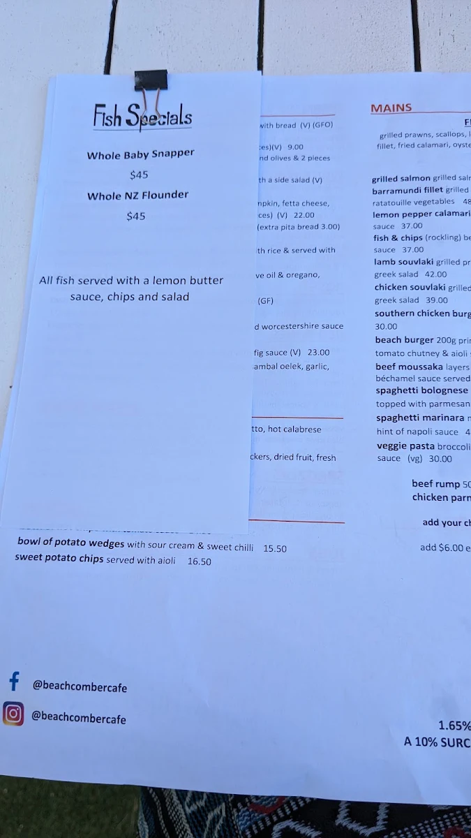 Menu, Beachcomber Cafe and Beach Bar