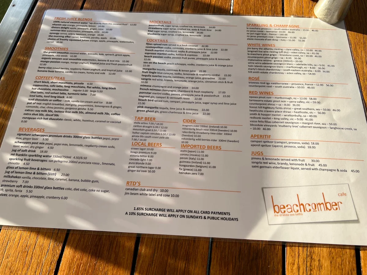Menu, Beachcomber Cafe and Beach Bar