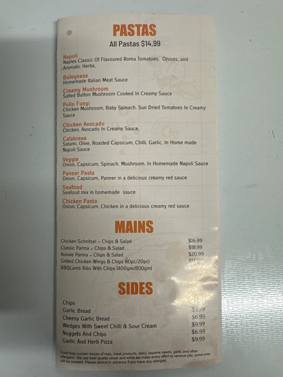 Menu, Melton Pizza
