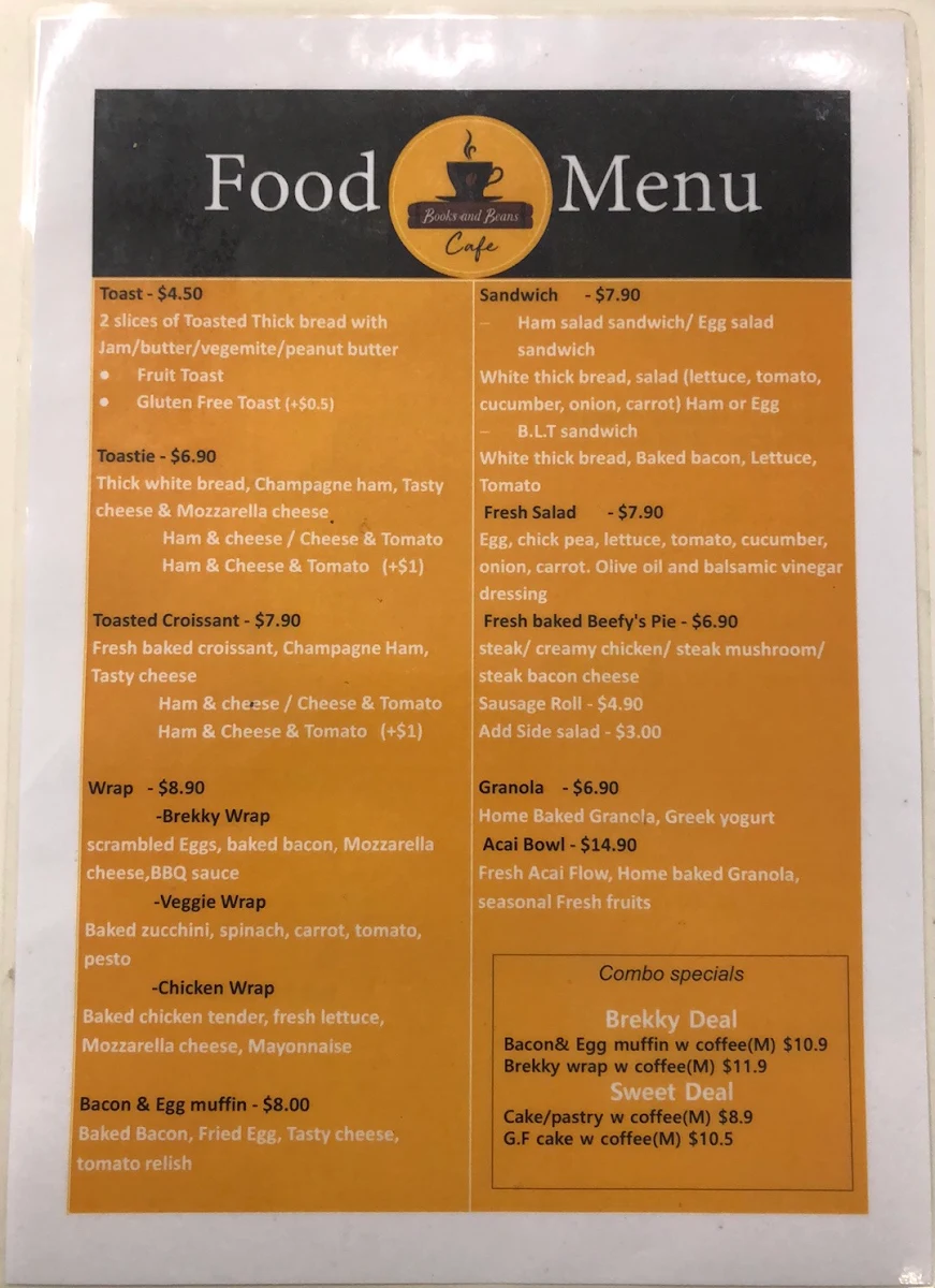 Menu, Books & Beans Cafe