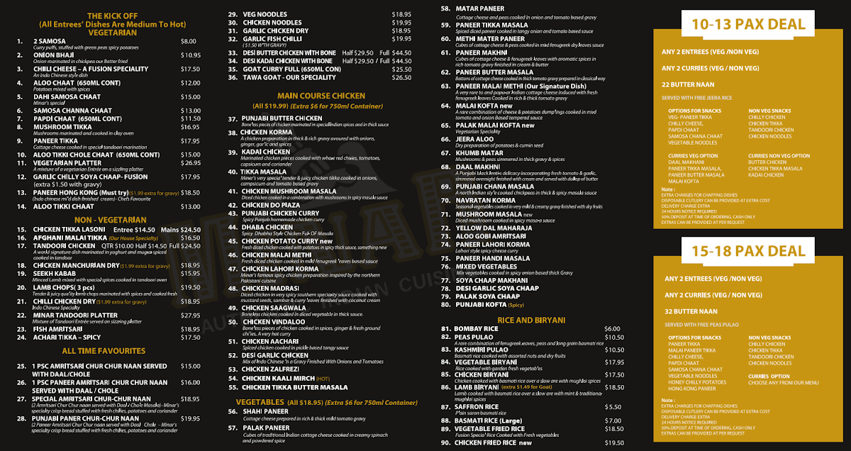 Menu, Minar Point Cook