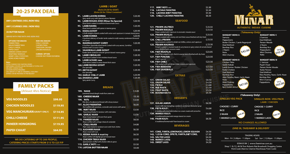 Menu, Minar Point Cook