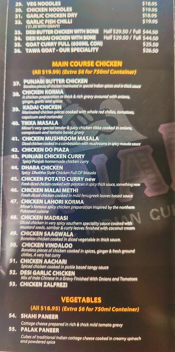 Menu, Minar Point Cook