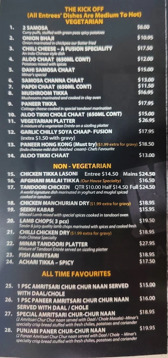 Menu, Minar Point Cook