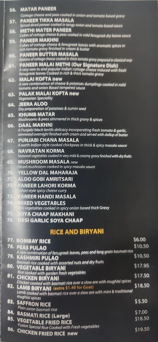 Menu, Minar Point Cook