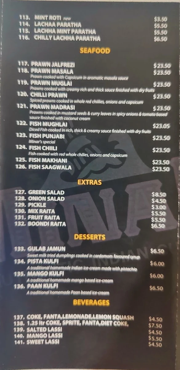 Menu, Minar Point Cook