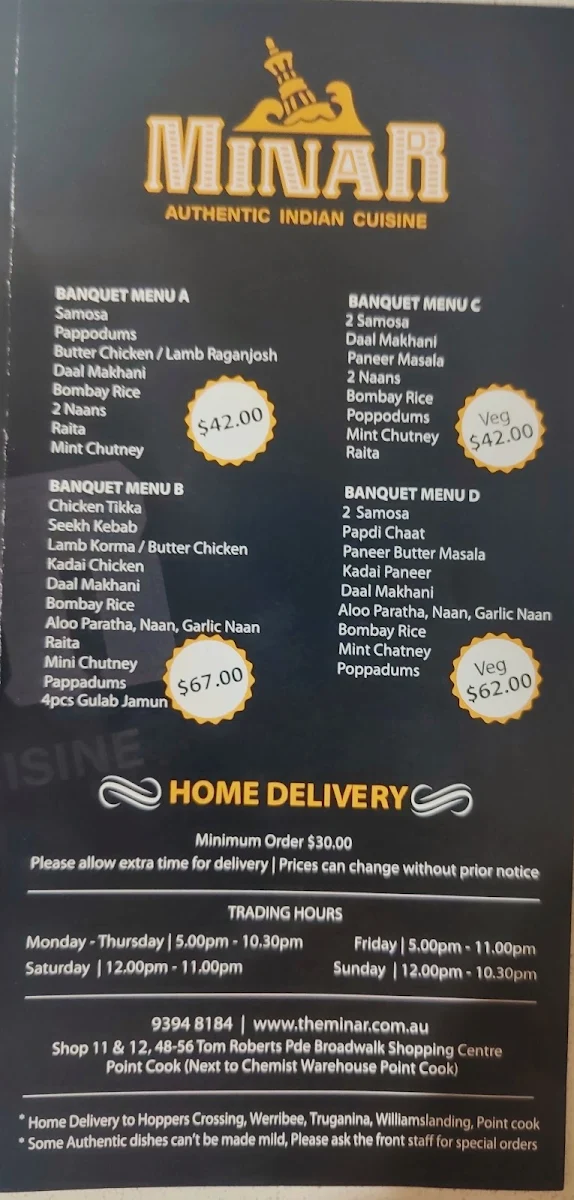 Menu, Minar Point Cook
