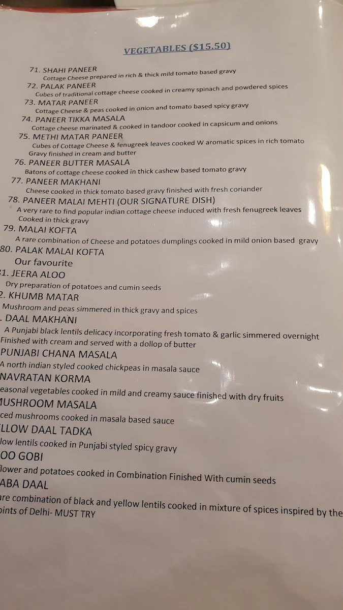 Menu, Minar Point Cook