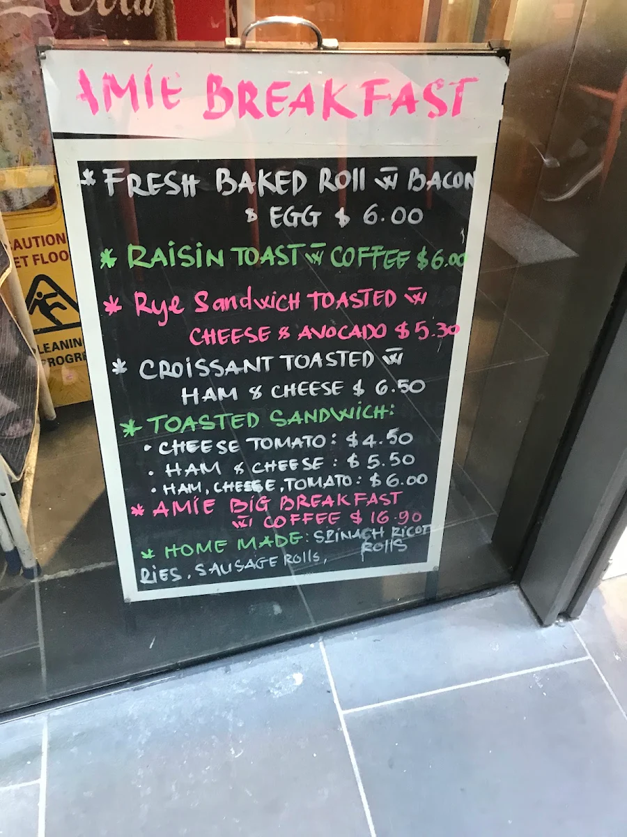 Menu, Amie Bakery Cafe Southern Cross Lane