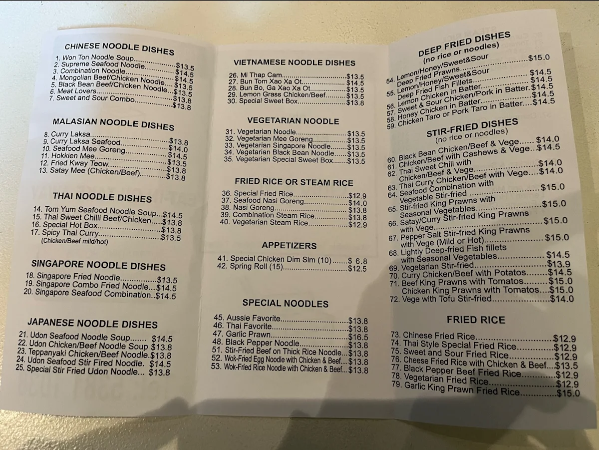 Menu, Noodle Village