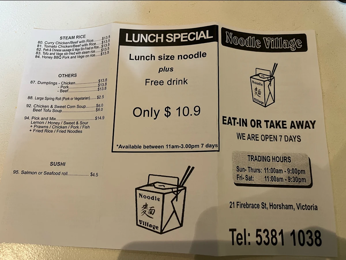 Menu, Noodle Village