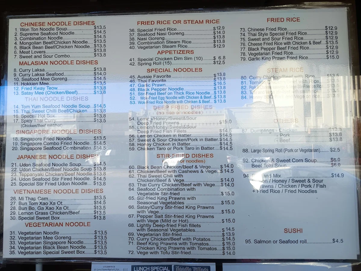 Menu, Noodle Village