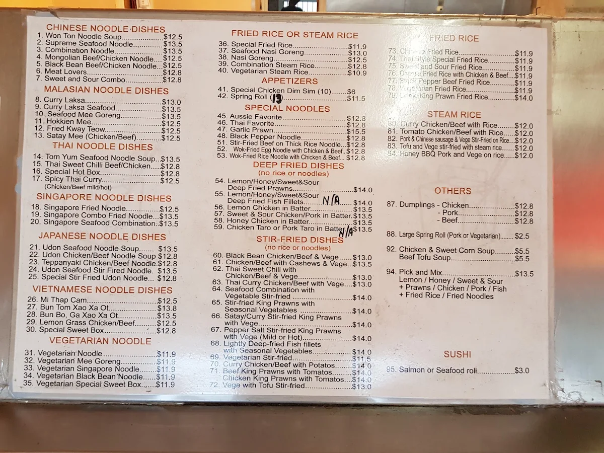 Menu, Noodle Village